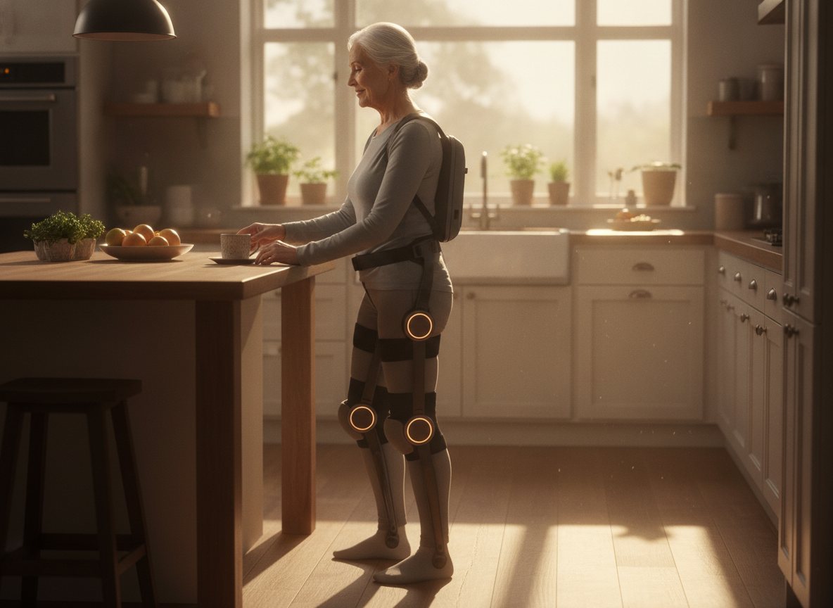 An older adult standing independently in a sunlit home while wearing the Stride exoskeleton.