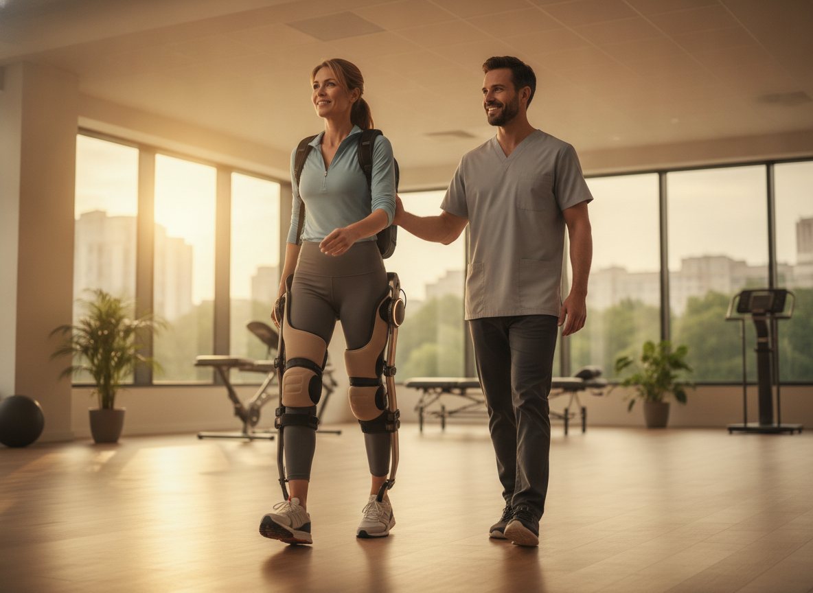 A person using the Stride exoskeleton in a bright rehabilitation studio alongside a clinician.